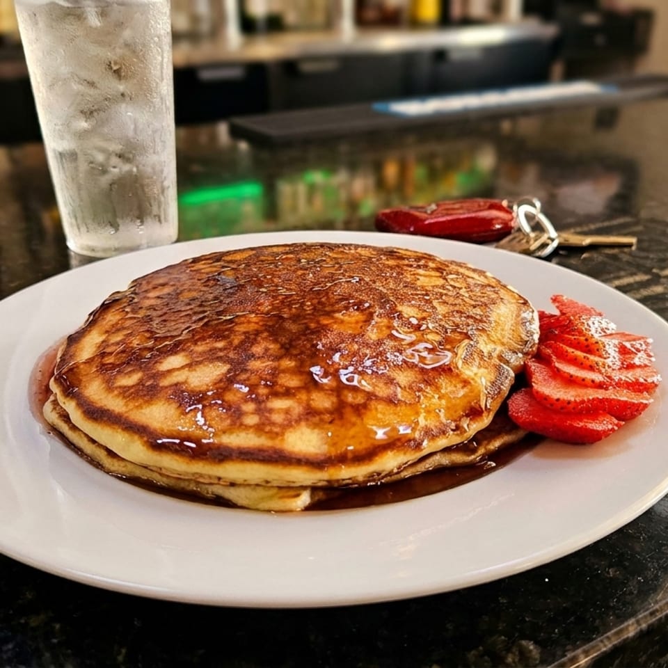 Stack of pancakes with syrup and sliced strawberries on a white plate at a bar.