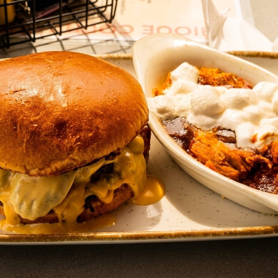 Cheeseburger with pickles and melted cheese, alongside a dish of sweet potato casserole with marshmallows.