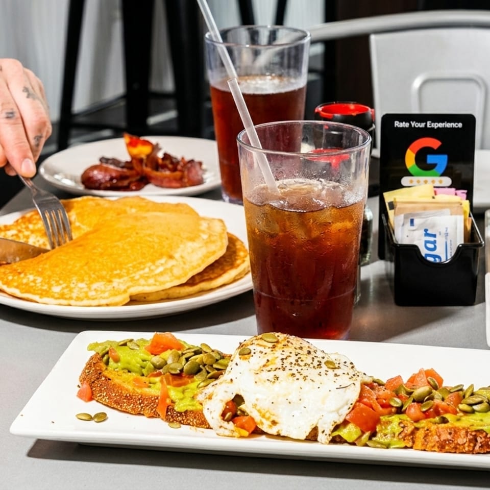 A person with tattooed hands cutting pancakes, with avocado toast and drinks on a table.
